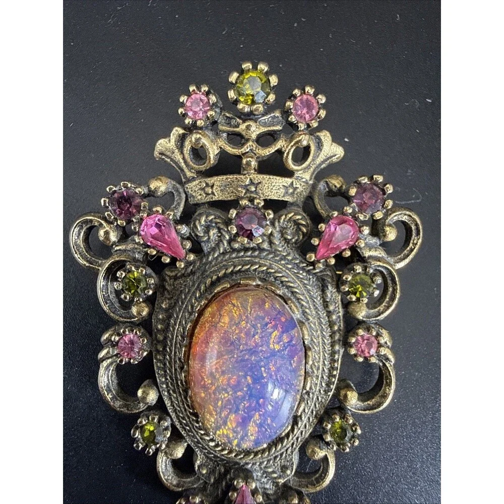 Vintage 1960s Sarah Coventry Contessa Brooch Ornate Faux Opal Stone Rhinestones